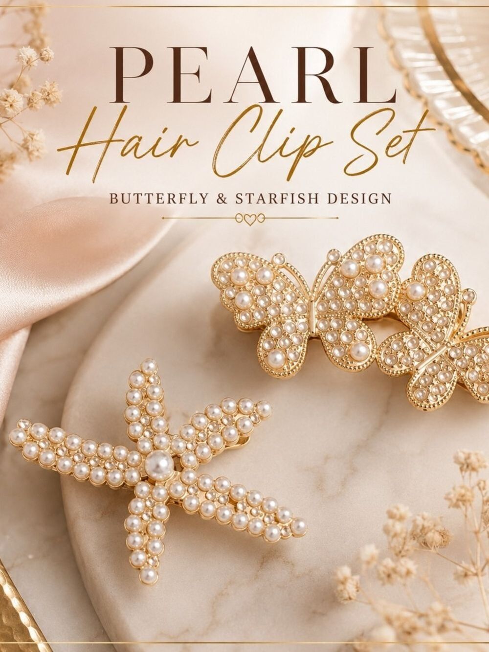 Gold Pearl Butterfly Starfish Hair Clip Set